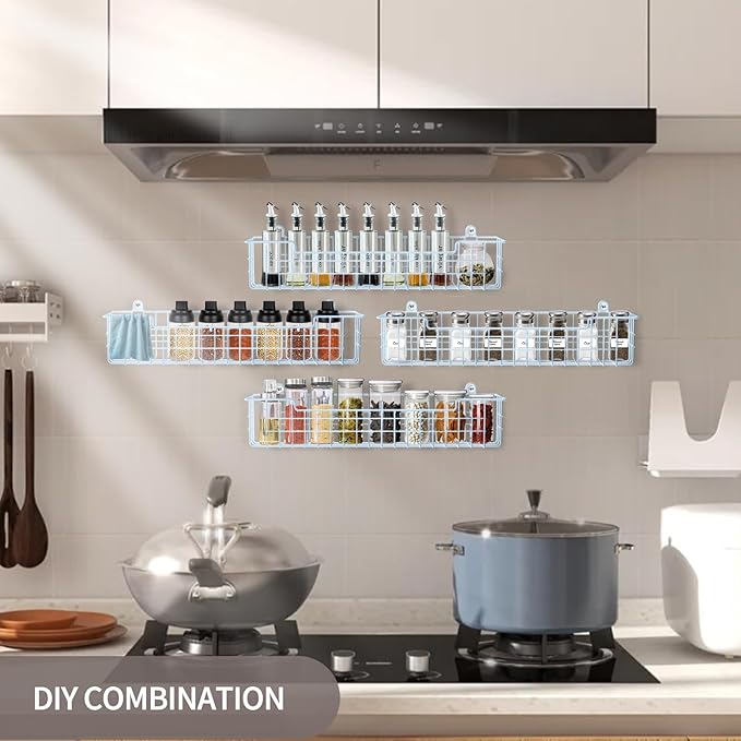 Spice Rack, 4-Pack Seasoning Organizer Wall Mount for Kitchen Storage Organization, Metal Spice Holder Shelf Saving Space for Cabinet, RV, Pantry, Blue