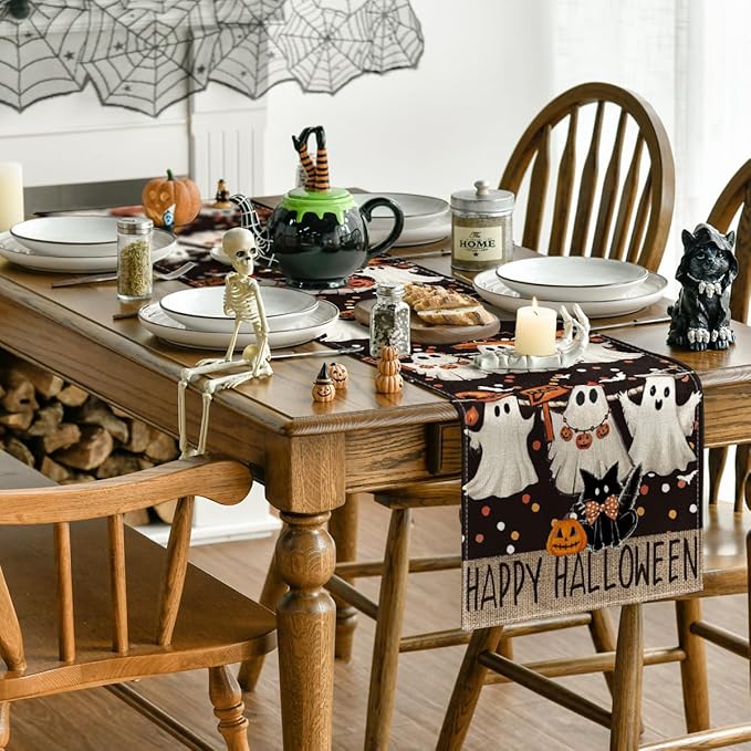 Artoid Mode Ghost Jack-O'-Lantern Black Cat Halloween Table Runner,Holiday Kitchen Dining Table Decoration for Home Party Decor 13 x 90 Inch