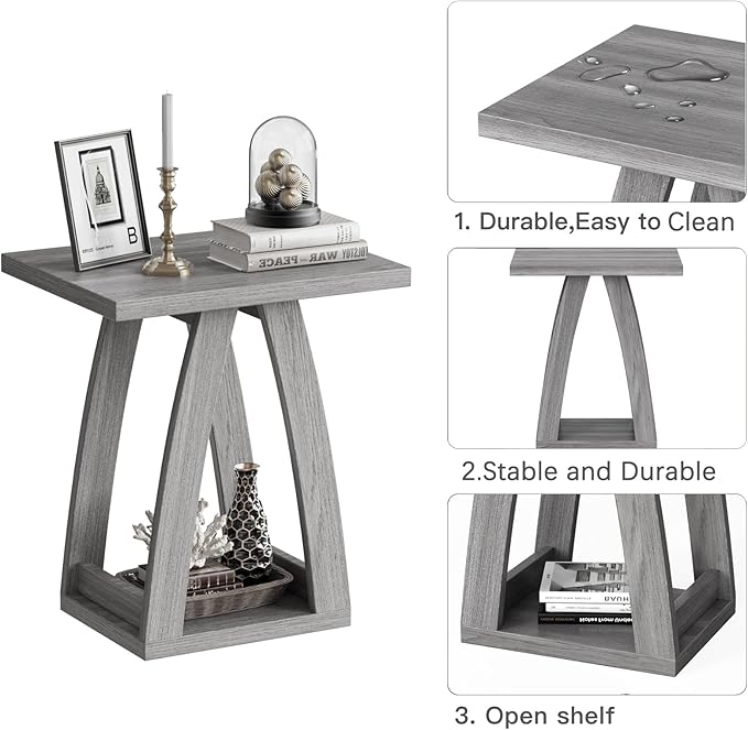 End Tables Living Room, Side Table Beside Sofa, Nightstand for Bedroom, Couch Side Table with Shelf, Modern End Table for Living Room, Grey End Table