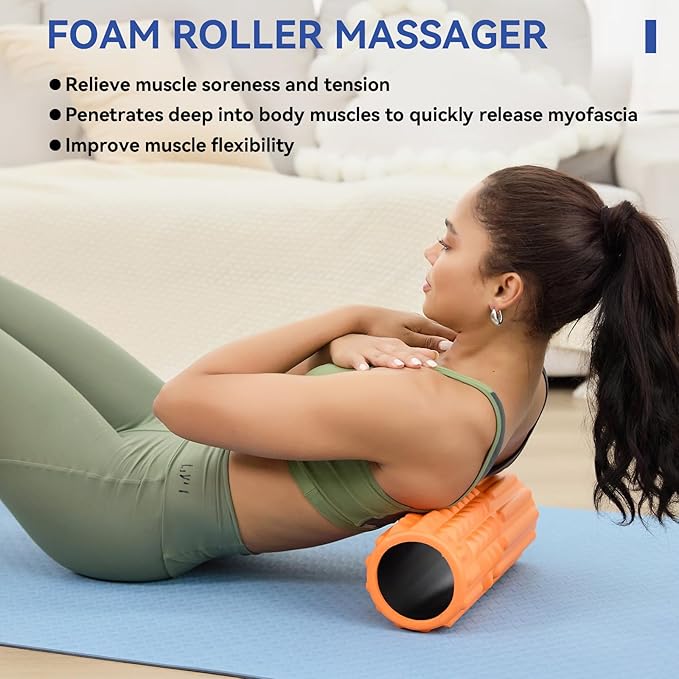5 in 1 Foam Roller Set - Deep Tissue Foam Roller, Muscle Roller Stick, Massage Ball, Resistance Band for Physical Therapy & Deep Tissue Muscle Massage (Orange)