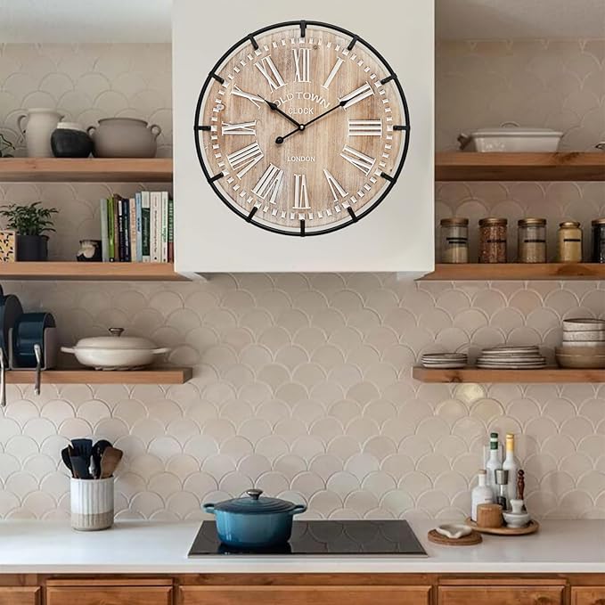 24 Inch Grand Farmhouse Wall Clock, Vintage-Inspired Wood & Metal Design with Large Etched Numbers, Silent Battery-Powered Timepiece for Offices, Kitchens, Bedrooms, and Living Rooms