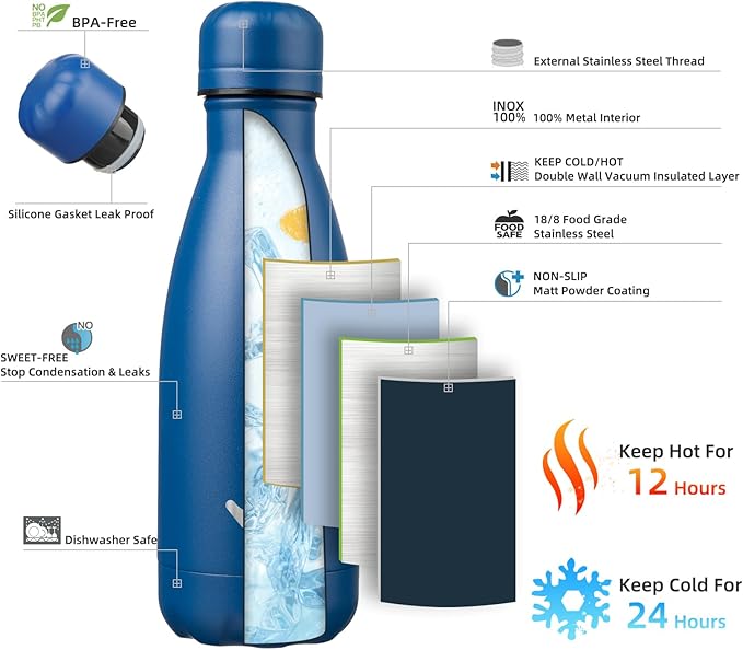 Insulated Water Bottles,12 oz Double Wall Stainless Steel Vacumm Metal Flask for Sports Travel,Blue