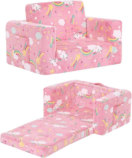 Toddler Chair Kids Couch, 2-in-1 Comfy Armchair with Removable and Washable Cover Carrying Handle, Convertible Reading Chair Toddler Couch for Girls and Boys, Pink Rainbow