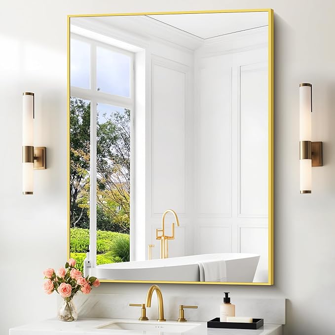 36x55inch Bathroom Mirror, Gold Rectangle Mirror with Thin Metal Frame, Large Rectangular Wall Mirror for Bathroom, Living Room, Hair Salon, Big Farmhouse Mirror Hang Horizontal/Vertical