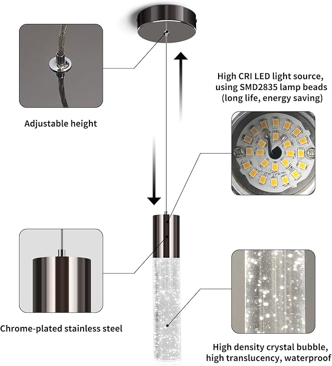 OKELI Modern Pendant Light,LED Bubble Crystal Kitchen Island Lights Fixtures,Black Mini Single Pendant Lighting for Kitchen Island Bar,6W,6000K,ETL,1Pack