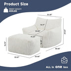 Giant Bean Bag Chairs for Adults, Oversized Chaise Lounge Chair Indoor with Memory Foam - Plush Boneless Lounger & Ottoman for Bedroom, Living Room, Gaming & Reading, Lazy Floor Sofa Chair, Beige