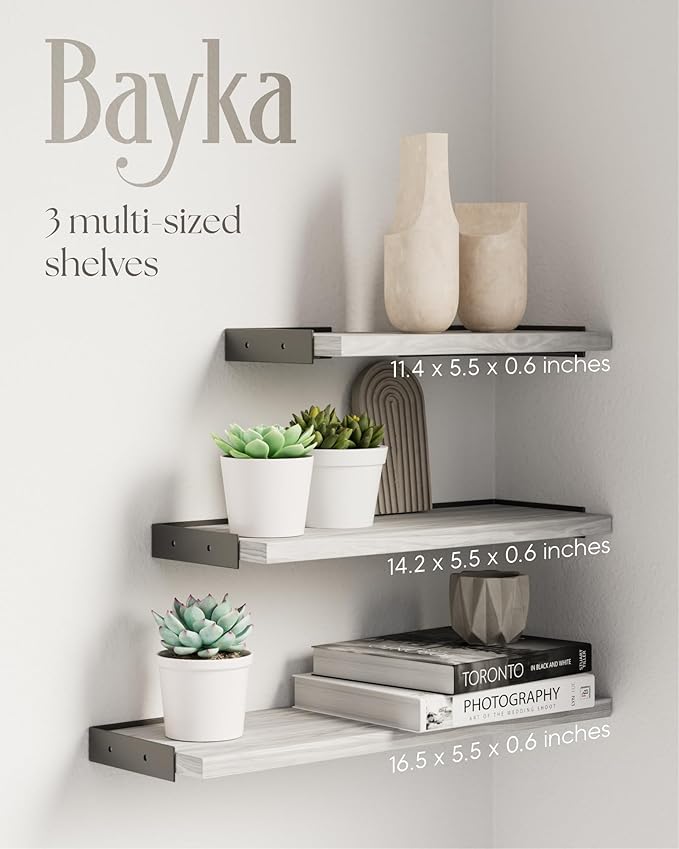 BAYKA Wall Shelves for Bedroom Decor, Floating Wall Shelves for Living Room Kitchen Storage, Wall Mounted Rustic Wood Floating Shelves for Kids Books, Corner Shelf for Bathroom(Gray White，Set of 4)