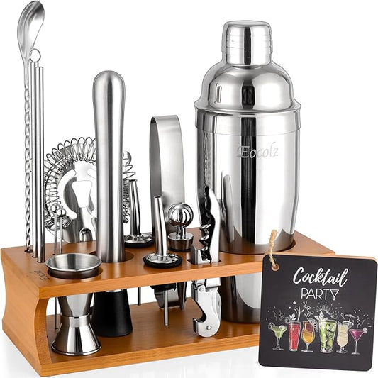 Bartender Kit Cocktail Shaker Set with Stand Bar Tool Bar Set for Drink Mixing Home Bartending Kit 17-Piece Bar Cart Accessories: Martini Shaker, Mixer Spoon, Jigger, Muddler, Strainer & Recipes Gifts