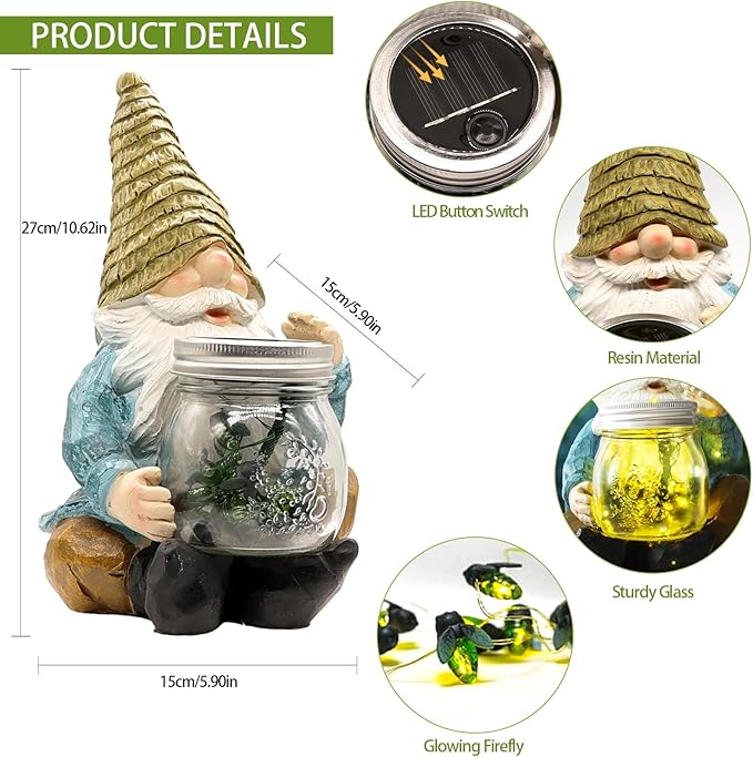 Solar Firefly Jar Gnome Waterproof- Large Garden Gnome Funny Solar Outdoor LED Lights Resin Statues 10.6" Lantern Figurines Decorations Birthday Gifts for Mom Women - Unique Housewarming Gifts