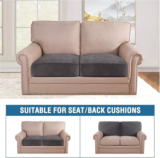 H.VERSAILTEX Velvet Stretch Couch Cushion Cover Plush Cushion Slipcover for Chair Loveseat Sofa Cushion Furniture Protector Seat Cushion Sofa Cover (2 Piece Medium Sofa Cushion Covers, Grey)