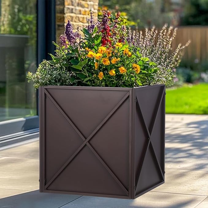 SUNNYPARK Large Metal Planter Box 17”x 17”x 18”, Square Modern Brown Metal Planter Box Heavy Duty with Drainage Holes for Outdoor Garden Patio