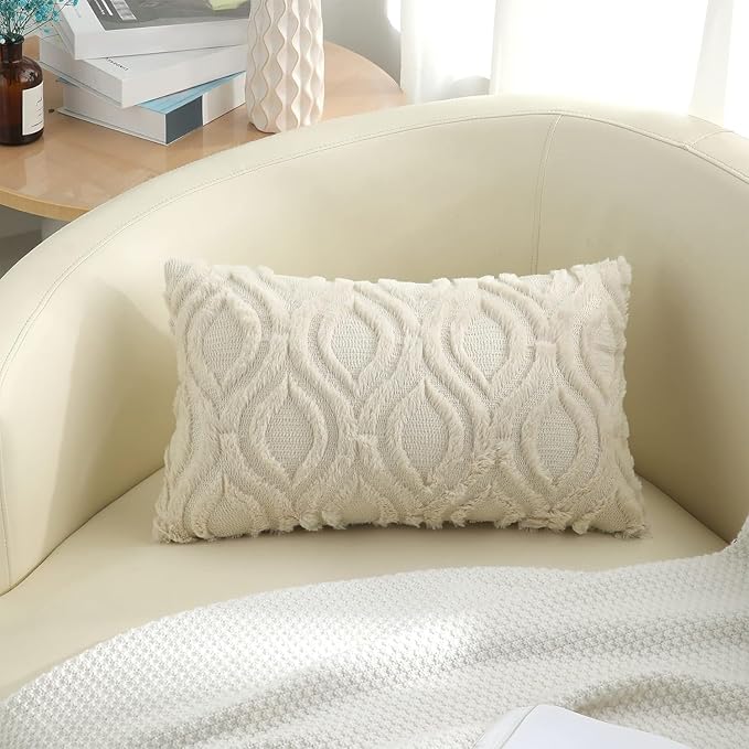 decorUhome Fall Throw Pillow Covers 12x20 Inch Set of 2, Soft Plush Decorative Faux Fur Beige Solid Couch Pillow Covers, Accent Farmhouse Neutral Lumbar Euro Pillow Cases for Sofa Bed Living Room
