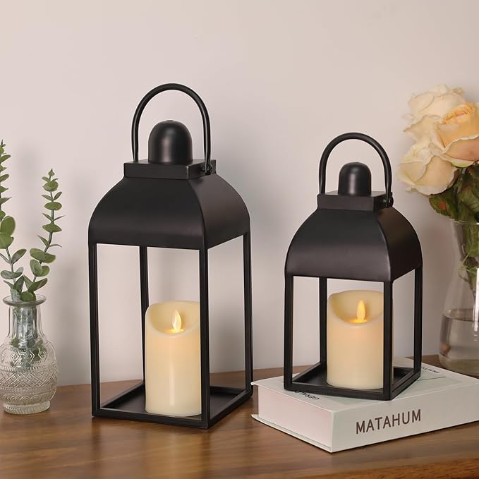 Lanterns Decorative Indoor Outdoor 15" 11" Set of 2 Lantern Decor Black Metal Candle Lanterns with Flameless Candles, Outdoor Lanterns for Porch Patio Wedding Mantle Home Decor