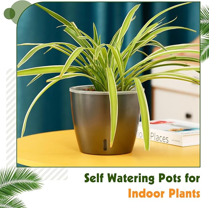 Self Watering Pots for Indoor Plants, 6-Pack 6.7'' Self Watering Planter with Drainage Holes, Small African Violet Pots with Water Indicator, Clear Wick Orchid Pot, Grey Gold