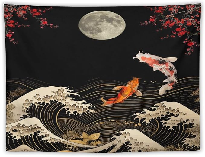 Houselerax Koi Fish Tapestry, Japanese Style Yin Yang Big Wave Cherry Blossom Tapestries Wall Hanging for Bedroom Living Room Office Decor 90"x60"