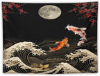 Houselerax Koi Fish Tapestry, Japanese Style Yin Yang Big Wave Cherry Blossom Tapestries Wall Hanging for Bedroom Living Room Office Decor 90"x60"