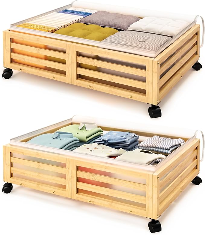 Under Bed Storage Containers With Wheels - 2 Pcs Bamboo Wood Rolling Underbed Shoe Storage Bins With Dust Bags for Clothes Blankets, Duvet Covers Snacks Toys (Natural)