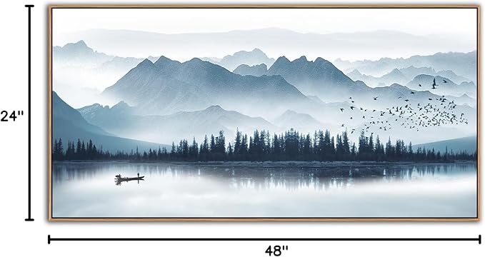 Indigo Framed Canvas Wall Art Misty Mountain Wall Pictures Foggy Lake Boat Canvas Painting Prints Forest Birds Canvas Wall Decor for Living Room Bedroom Decorations Natural Framed 24" x 48"