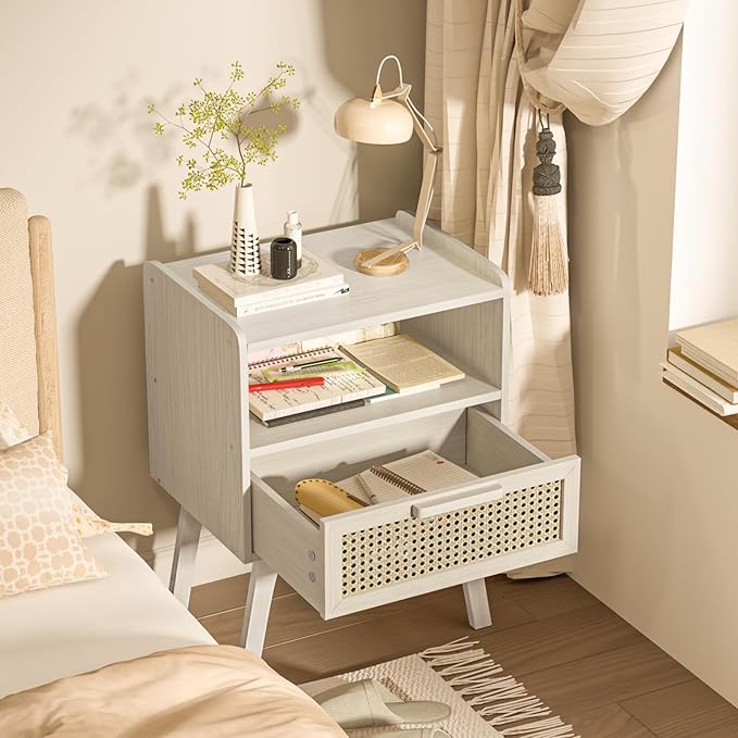 Lerliuo Rattan Nightstand, Side Table with Drawer Open Shelf, Cane Accent Bedside End Table with Solid Wood Legs, Mid Century Modern Night Stand for Bedroom, Dorm and Small Spaces (Grey White)