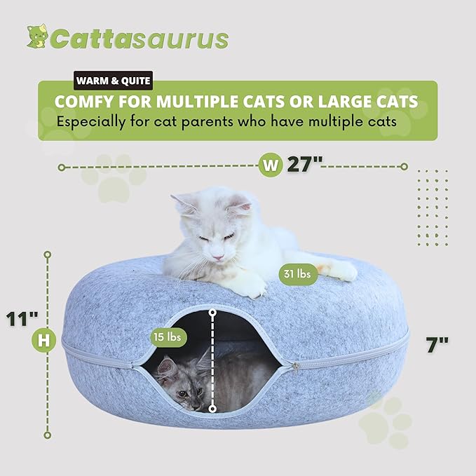 Cattasaurus Peekaboo Cat Cave, Extra Spacious for Multiple & Large Cats 12+ lbs, Scratch Detachable Beds for Indoor Cats, Washable Tunnel Bed, Comfy Cat Donut Tunnel (Light Gray+Light Gray, Jumbo)