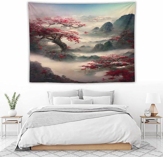Japanese Tapestry, Red Plum Cherry Blossom Mountain, Nature Landscape, Bedroom & Living Room Decor, 80"x60"