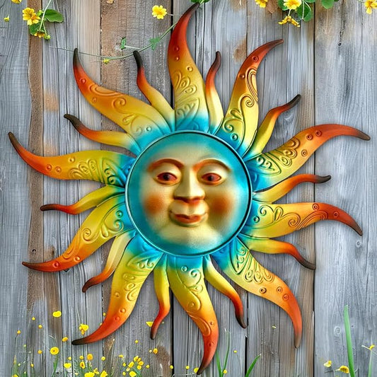 Metal Sun Wall Art Decor - 17.3 inches Outdoor Wall Decor,Sun Face Sculpture for Garden Farmhouse Yard Patio Fence Living Room Bedroom Gift Idea for Family Friends