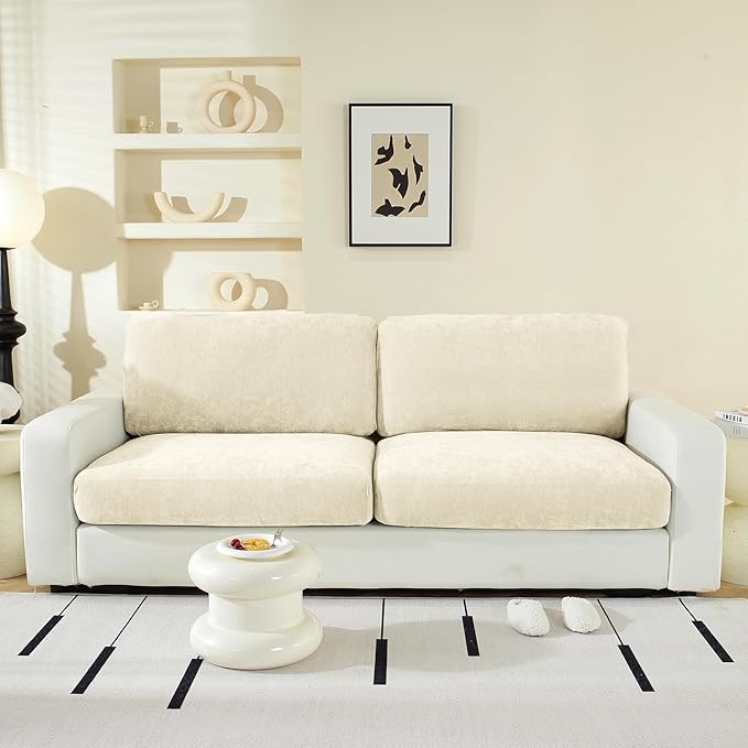 Large Backrest Cushion Covers Super Stretch for 2 Couch Back Cushions, Featuring Chenille Yarn (Softer Version, 2PC, Beige)