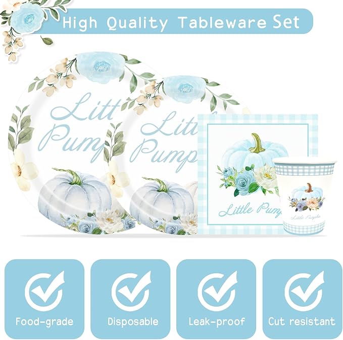 Aukolass Pumpkin Party Supplies Tableware Set - Fall Theme Party Decorations Including Plates, Napkins and Cups for Pumpkin Birthday and Baby Shower Party, Serves 24 Guests (blue)
