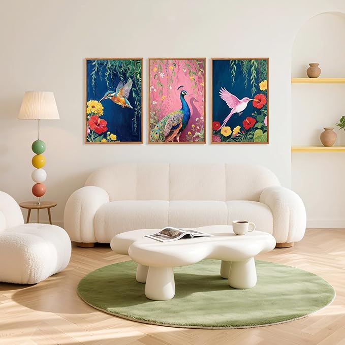 Aurlan Colorful Birds Flowers Framed Wall Art(16"x24"), 3PCS Large Classic Elegance Hummingbird Peacock Canvas Artwork, Vintage Abstract Watercolor Peony Floral Willow Decor for Home Office Bedroom