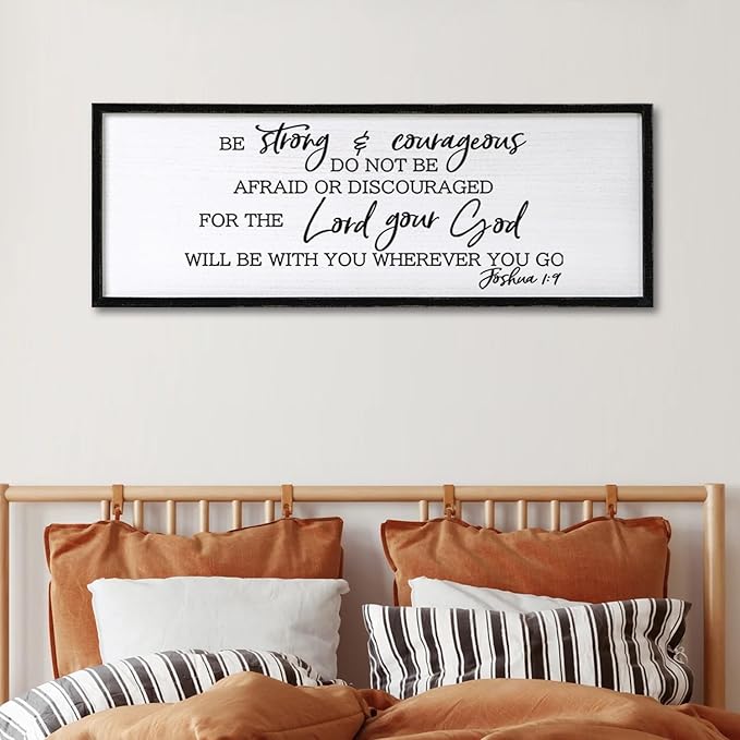 Be Strong And Courageous Sign Bible Verse Framed Wall Art, 40''×15'' Rustic Religious Christian Proverbs 3:5-6 Sign, Horizontal Holy Inspirational Catholic Scripture Decor