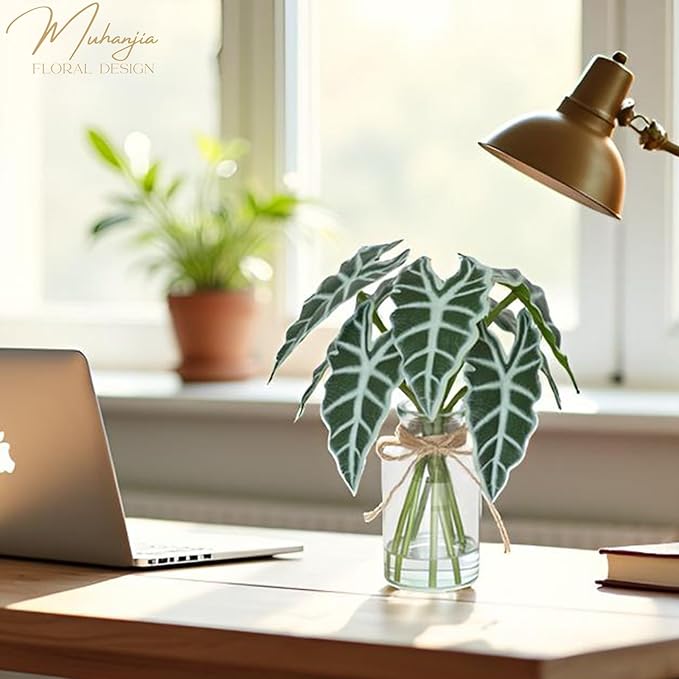 Artificial Flowers Turtle-Back, Alocasia Leaf, in Glass Vase with Faux Water,7Pcs Artificial Leaves Real Touch Latex Leaves for Centerpiece (2, Turtle-Back&Alocasia Leaves)