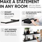 Homeforia Floating Black Shelf 60 inch, High End Solid Real Wood 60 inches Long Floating Shelves for Wall, Black Wooden 60inch Large Floating Shelves, Heavy Duty Bracket, 60 X 6.5 X 1.75 in, Set of 2