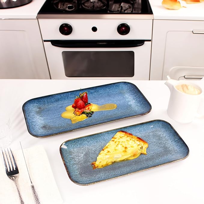 Porcelain Dinner Plates Blue 2 PCS, Serving platters for entertaining, for Fruit, cheese, snack, Bread, cupcake, Salad - Scratch Resistant durable, Microwave, Dishwasher Safe