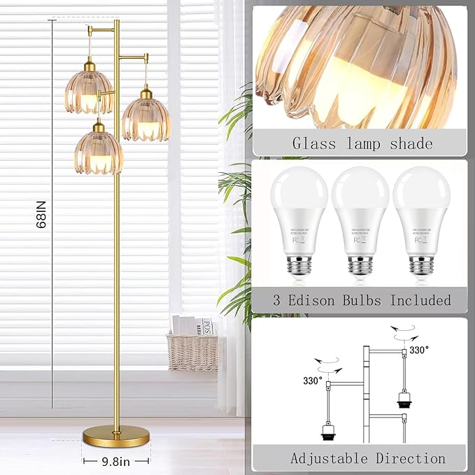 Gold Floor Lamp for Living Room,Bedroom,Tree 3 Light Standing Lamp Mid Century Modern Brass Tall Floor Lamps Vintage Retro Floor Lights Glass Flower Amber Lamp Shade Farmhouse Boho Bohemian