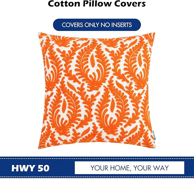 HWY 50 Orange Fall Decorative Throw Pillow Covers 18x18 Inch (1 Piece), Embroidered Cotton Farmhouse Cushion Cover Pillow Case for Sofa Couch Living Room Bed Bedroon, Floral Branches