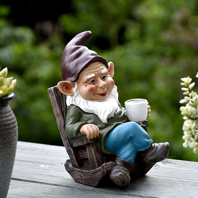 OwMell Drinking Coffee Garden Gnome Statue Decoration 7.3" Figurine Ornament for Indoor Outdoor Home Patio Yard Lawn - Coffee