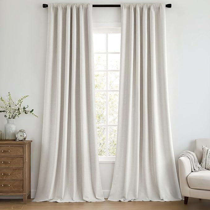 MIULEE 100% Blackout Curtains 120 Inch Long 2 Panels Set for Bedroom, Thick Faux Linen Black Out Curtain Room Darkening Back Tab Pleat Window Textured Drapes with Hooks for Living Room, Light Beige