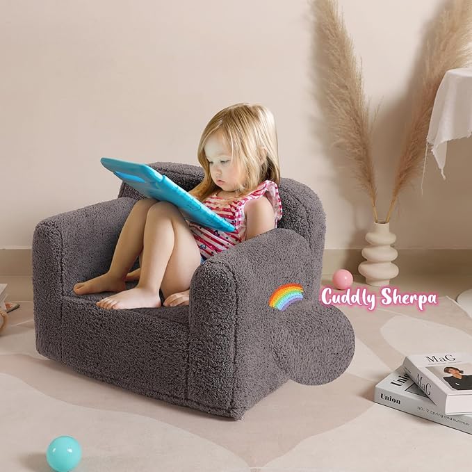 Kids Snuggly-Soft Sherpa Chair, Cuddly Toddler Foam Chair for Boys and Girls, Grey