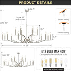 18 Light Nickel Living Room Chandelier High Ceiling Foyer Candle Chandelier Large Modern 59in Metal Chandeliers Hanging Light for Master Bedroom Dining Room Light Fixture Over Table