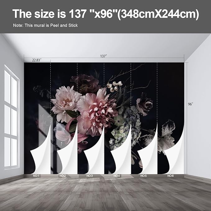 Black Floral Wall murals Peel and Stick Flowers Wallpaper for Bedroom Living Room - 96"x137"