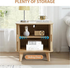 Farmhouse Square End Table with Charging Station, 24" Large Fluted Sofa Side Table with Sliding Tambour Door and Storage, Rustic Curved Wood Nightstand for Living Room, Bedroom, Natural