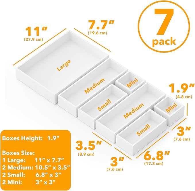 SpaceAid 7-Piece Bamboo Drawer Organizer Storage Boxes Set, Wood Tray Junk Drawer Organizers Multi-Use Divider Bins for Kitchen, Bathroom, Office Desk and Makeup Organization (7 Pack, White)