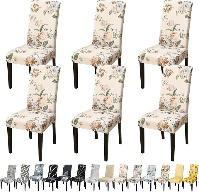 JQinHome Pattern Chair Covers for Dining Room Set of 6, High Stretch Removable Washable Parsons Chair Slipcover for Home Party Hotel Wedding Ceremony (Peony Flower,6PCS)