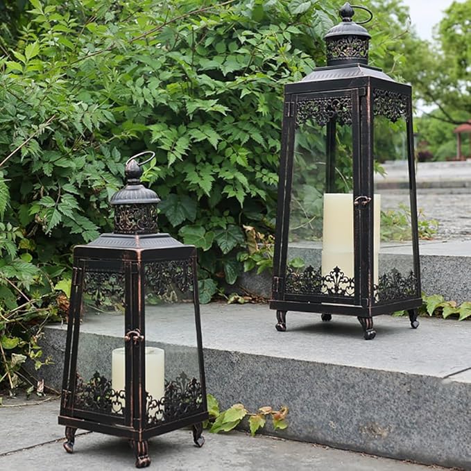 NEEDOMO Lanterns Decorative Outdoor & Indoor, Set of 2 Outdoor Lanterns for Porch,Large Candle Lantern, Bronze Metal Frame with Glass for Fall, Christmas