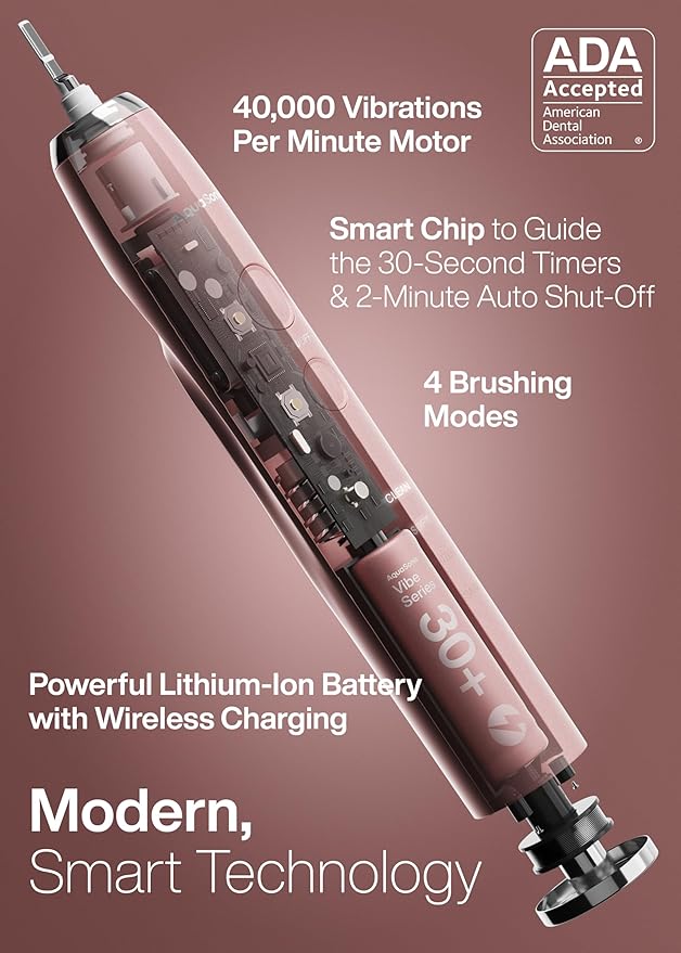 Aquasonic Vibe Series Ultra-Whitening Toothbrush – ADA Accepted Electric Toothbrush - 8 Brush Heads & Travel Case – 40,000 VPM Motor & Wireless Charging - 4 Modes w Smart Timer – Satin Rose Gold