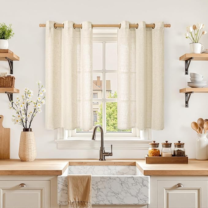 LAMIT Short Linen Curtains 40 inches Long for Small Window, Bronze Grommet Linen Drapes Light Filtering Sheer Window Curtains for Kitchen, Set of 2 Panels (34 x 40 Inch, Beige)
