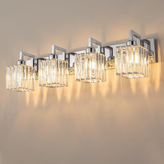 Modern Bathroom Vanity Light 4-Lights Chrome Crystal Wall Lamp Bathroom Modern Crystal Vanity Lighting