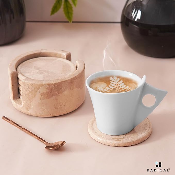 Marble Coasters Set of 6 Verona 3.5 Inch Round Coaster for Drinks with Holder, Drink Coaster for Tabletop & Coffee Table Decor, Ideal Home Decor House Warming Gifts