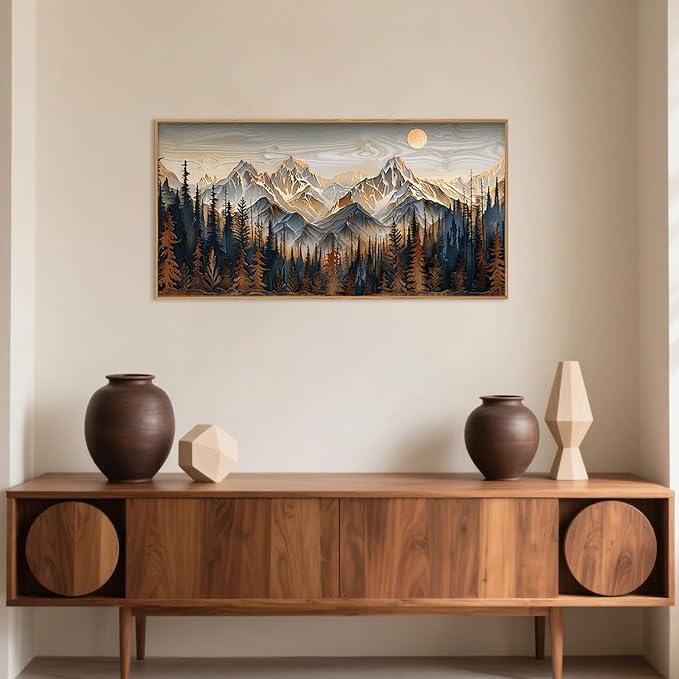 Celestdeco Wood Mountain Framed Canvas Wall Art Set, Pine Trees Wall Painting, Ridge Scenery Wall Decor, Natural Sun Landscape Art Print for Living Room, Bedroom, Dining Room, Office - 20"x40"x1