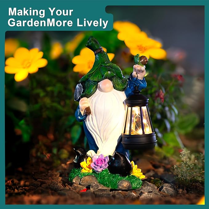 Solar Gnome Garden Figurine Yard Lights with Solar Lights Lantern & Shovel - Outdoor Yard Art Lawn Ornaments for Porch Patio Balcony - Gnome Gifts for Women Mom